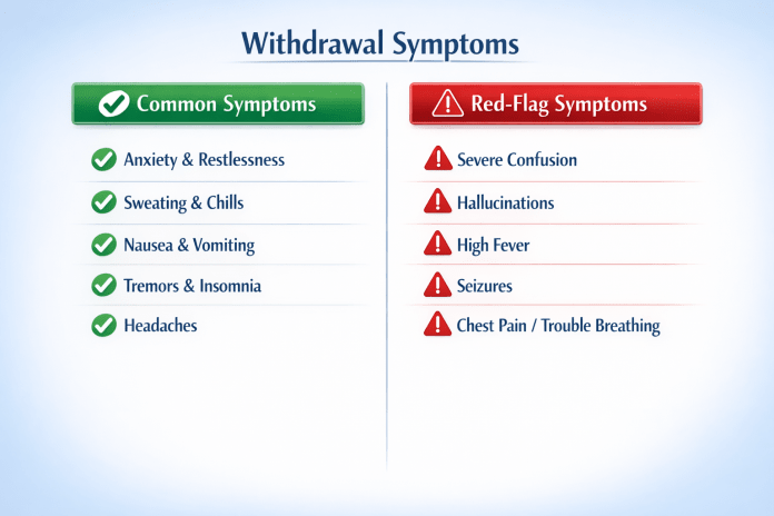 withdrawal symptoms red flags vs common withdrawal symptoms comparison chart common vs red flag emergency signs